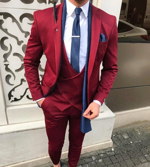 Men Suit Burgundy Peak Lapel Slim Fit Groomsman Party Prom Tuxedo Wedding  Suits