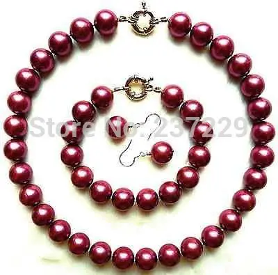 

Wholesale price FREE SHIPPING aElegant PURPLE 14mm shells Pearl Necklace Bracelet Earrining set (A0423)