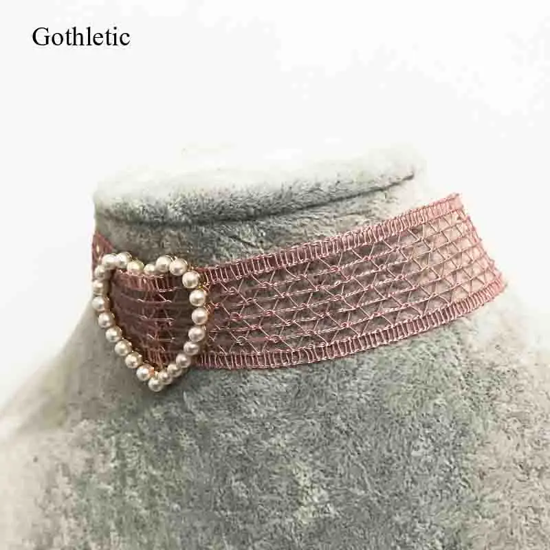 Готический кружевной чокер, новинка, модный розовый тканевый чокер, украшенный жемчугом, ожерелье с открытым сердцем для женщин, ювелирные изделия