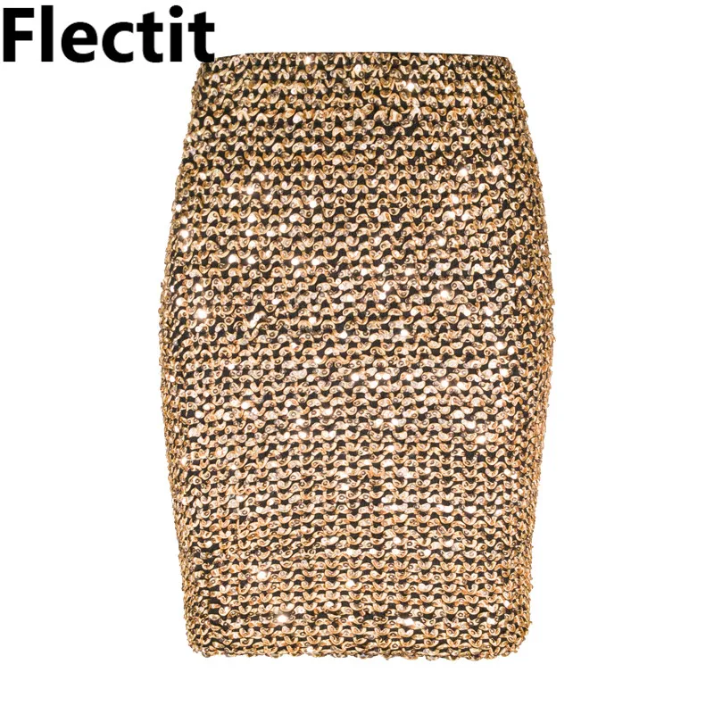 

Flectit Womens Skirts Gold Sequined Mini Skirt Bodycon Pencil Skirt Short Wrap Skirt for Office Lady Party Girl Saia