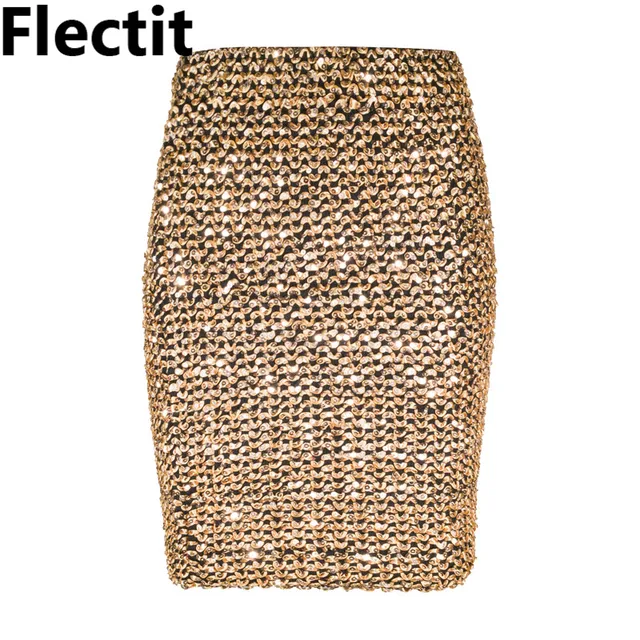 US $9.87 Flectit Womens Skirts Gold Sequined Mini Skirt Bodycon Pencil Skirt Short Wrap Skirt for Office Lad