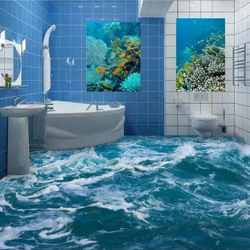 Papel de Parede do Mar Onda de Água Piso de Pvc Auto adesivo de Vinil Papel de Parede para Casa Personalizado 3d Andar Mural Banheiro 3d Mural Impermeável Decoração