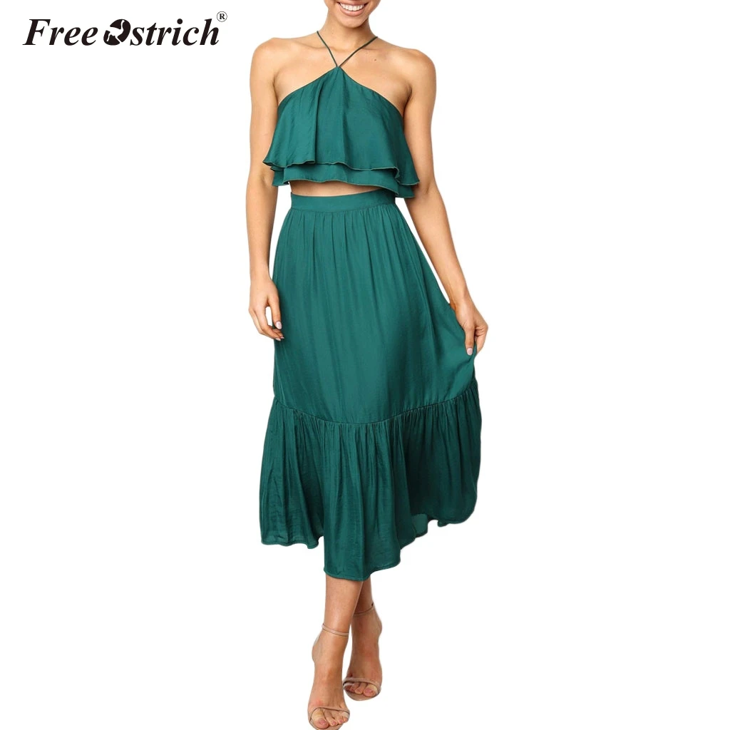 

Free Ostrich 2019 Summer Women Elegant Casual Two-Piece Suit Set Female Sleeveless Cropped Top Pleated Maxi Skirt Sets N30