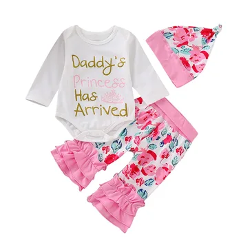 

0-2Y Newborn Toddler Kids Baby Girl Long Sleeve Cotton Bodysuit Tops Flared Pant Trouser Headband 3PCS Clothing Set