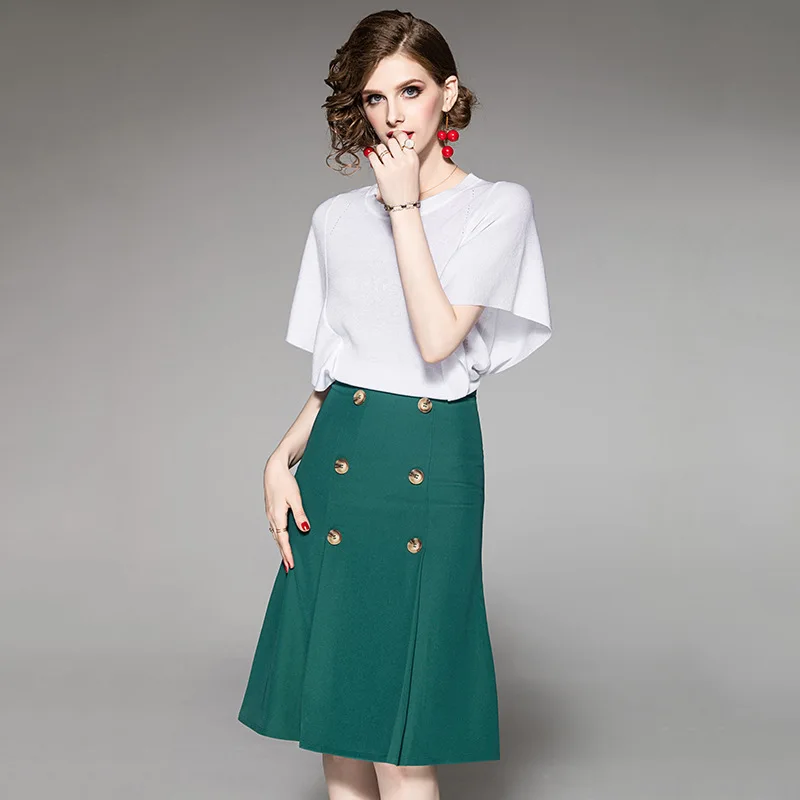 2019 zomer nieuwe elegante ijs zijde knit top + hoge taille slim afslanken half rok twee stuk g10 2019 zomer nieuwe elegante ijs zijde knit top + hoge taille slim afslanken half rok twee stuk g10