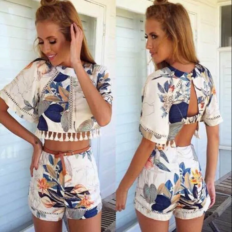Summer Casual Floral Print 2 Piece Sets Women Shorts and Top Ladies Two