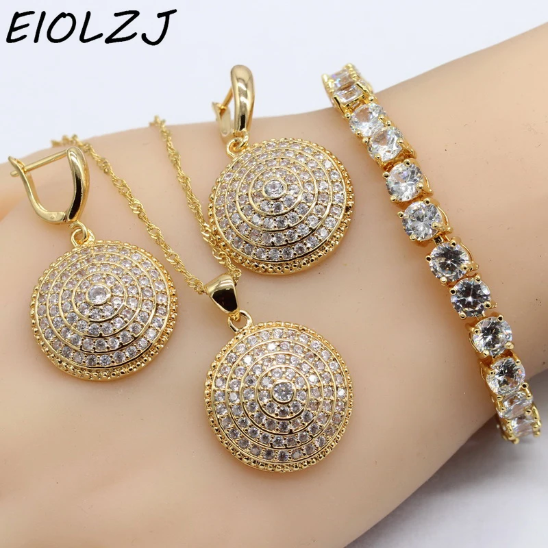 

White Stone Gold Color elite costume jewelry For Women Necklace Set Choker Dangle Earrings With Stone Bracelet Gift Sets