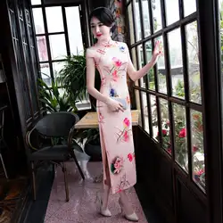 Новый Для женщин с цветочным принтом китайский Стиль вечерние платье Винтаж воротник-стойка пикантные Cheongsam леди ручной работы и пуговицы
