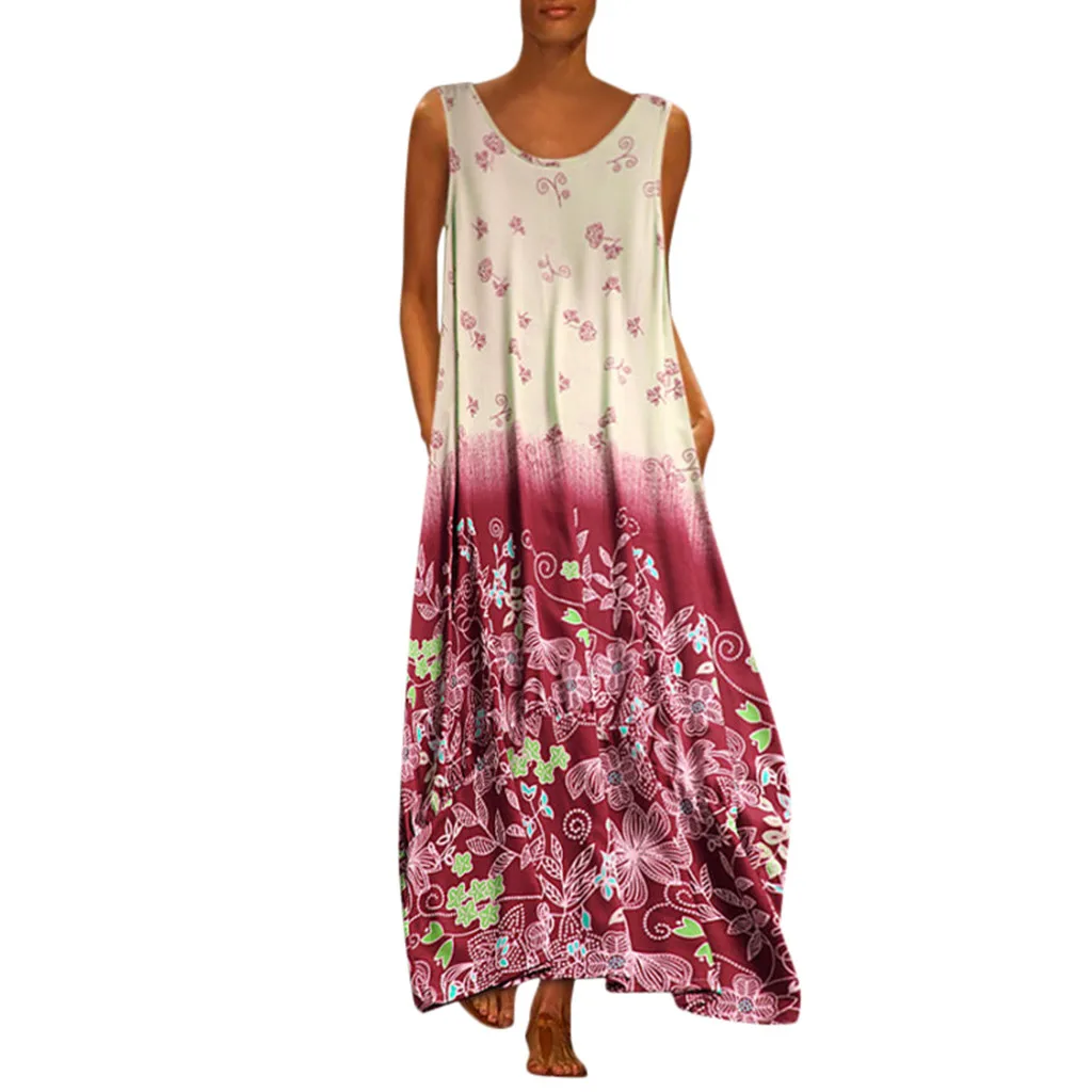 Пляжное платье, женское Повседневное платье с цветочным принтом, свободное платье без рукавов, вечерние платья, длинное платье