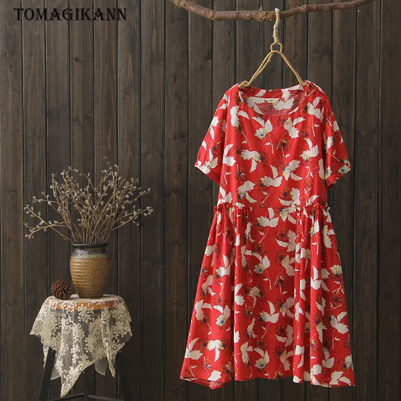 2018 Summer Vintage Leaf Print Ruffle Cotton and Linen Dress Casual O