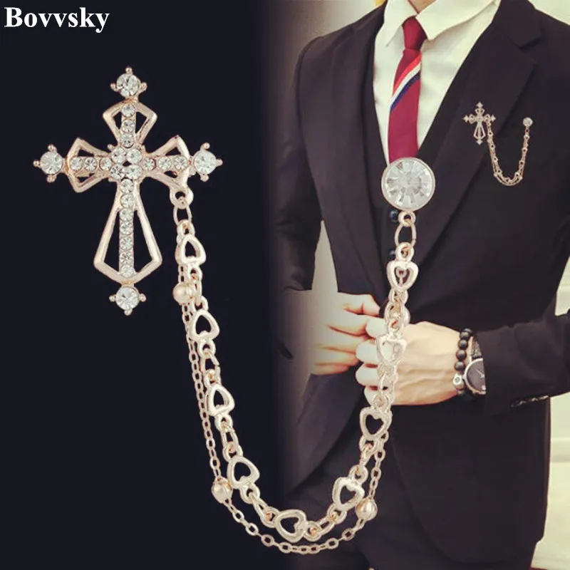 

Bovvsky crown double-chain eagle wings brooch Fashion corsage cross dragon crystal chain tassel badge pin Collar Accessory