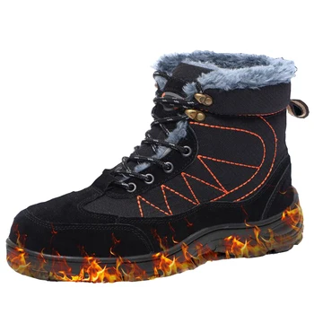 

men big size casual steel toe cap working safety cotton shoes anti-pierce warm fur sneaker winter snow ankle security boots male