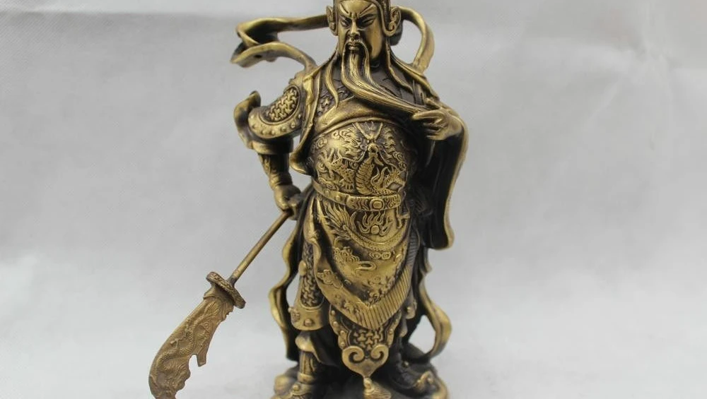 

10"Chinese Brass Fengshui Dragon Guan Gong Yu Warrior God Dragon Sword Statue