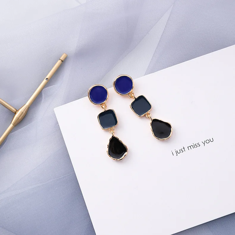 Корейская синяя серия геометрических круглых квадратных акриловых каменных висячих сережек для женщин, модные ювелирные изделия, серьги в форме листьев сердца и цветов - Окраска металла: 24