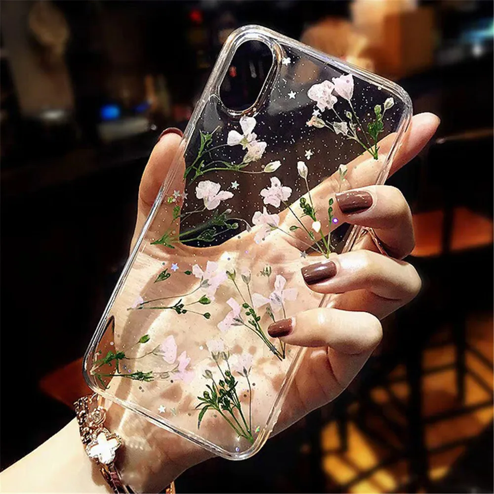 

Real Dried Flower Cases For Coque iPhone X 6 6S 7 8 Plus Cases Handmade Clear Soft TPU Fresh Flower Phone Back Cover Fundas Capa