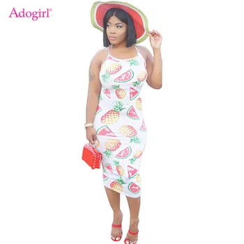 

Adogirl Watermelon Pineapple Fruit Print Women Summer Dress Sexy Spaghetti Straps Bodycon Midi Casual Dresses Female Outfits