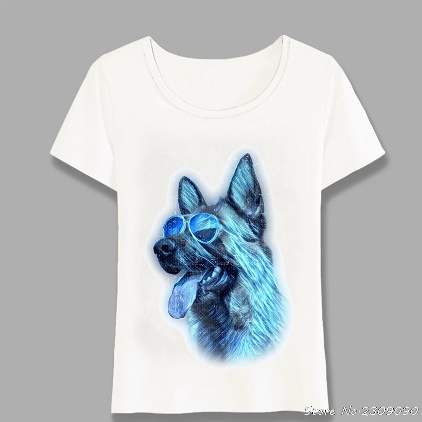 

New Summer Women T-shirt German Shepherd Neon Dog Sunglasses Print T-Shirt Woman Casual White Tops Dog Design Girl Tees Harajuku
