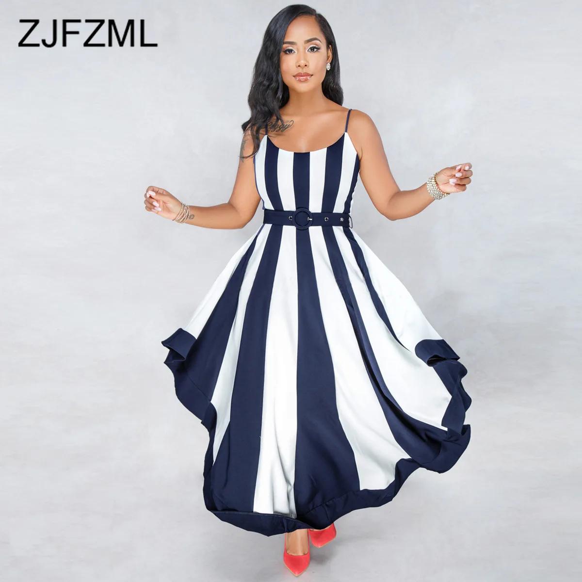

Spaghetti Strap Sexy Plus Size Dress Women Striped Patchwork Open Back Club Party Dress Summer Sleeveless Big Swing Long Dress