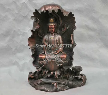 

shitou 00762 11" China Bronze Kwan-yin Buddha Sit Lotus leaf Guanyin Bodhisattva Statue