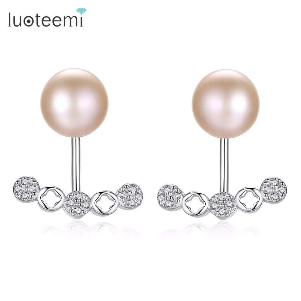 

LUOTEEMI Drop Earrings 925 Sterling Silver Freshwater Natural Pearls Simple Design Double Side Brincos For Women Girl Party Gift