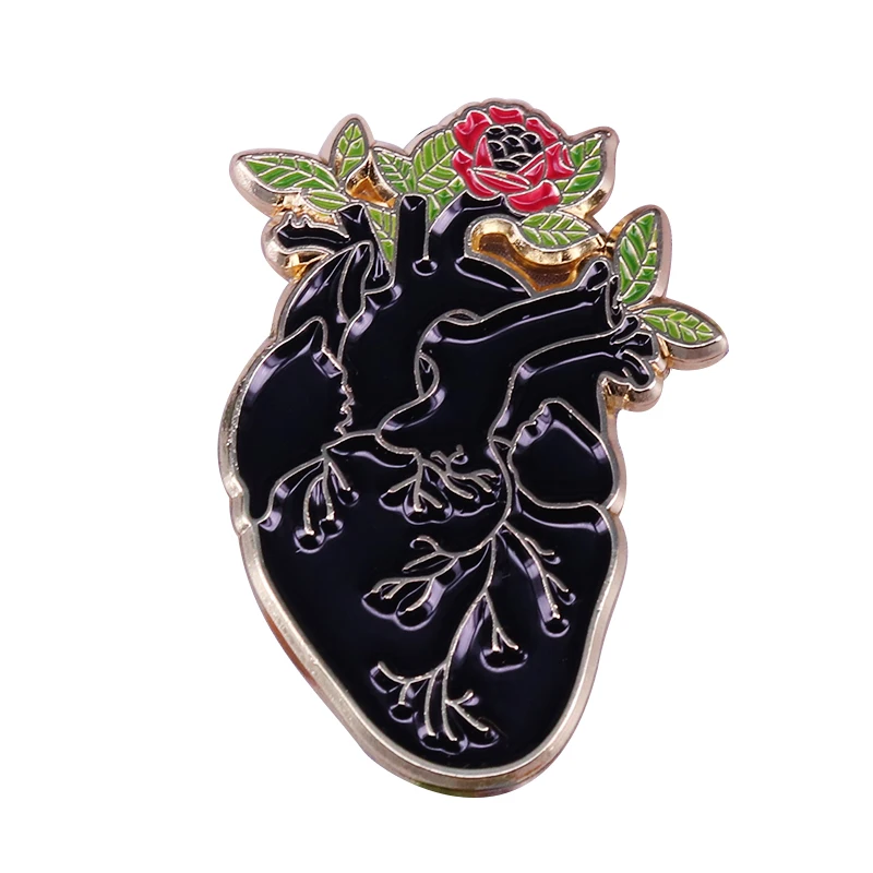 

Black heart with flowers pin anatomical Gothic art brooch weird romantic badge trendy gift ideas