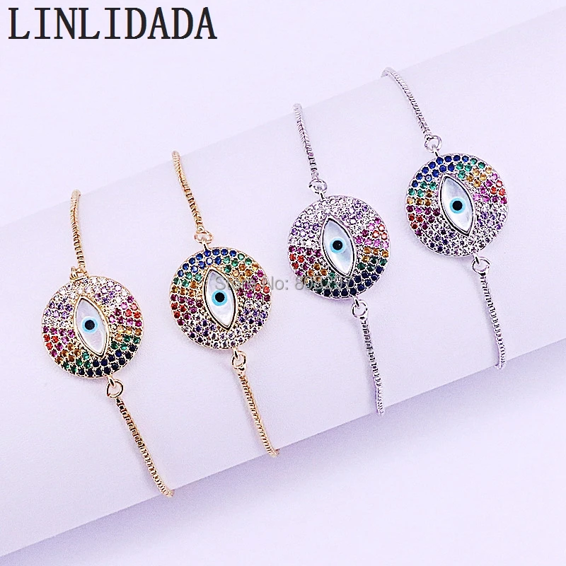 

10Pcs Multicolor CZ Micro Pave Shell Round Eye Charm Connector Bracelet Adjustable Chain Bracelet Fashion Jewelry