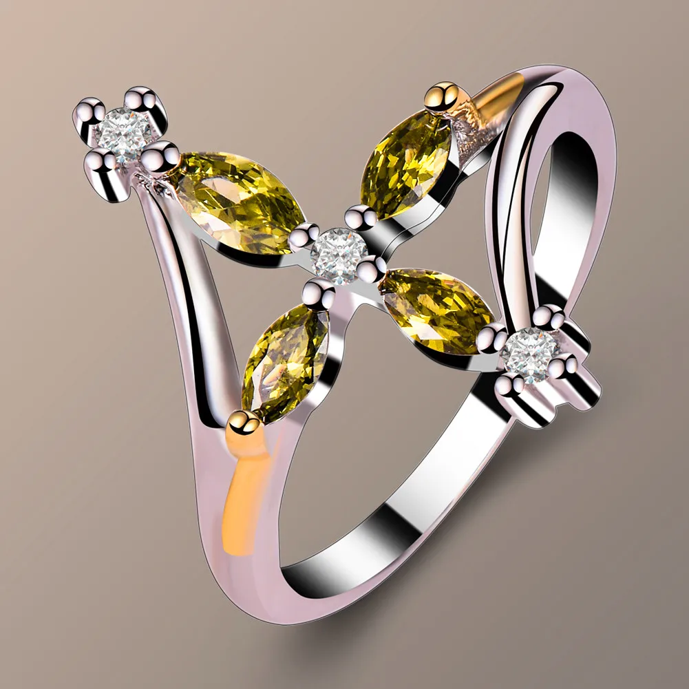 

Cute Female Small Peridot Stone Ring Unique Style Silver Color Cross Finger Ring Cute Love Wedding Engagement Rings For Women