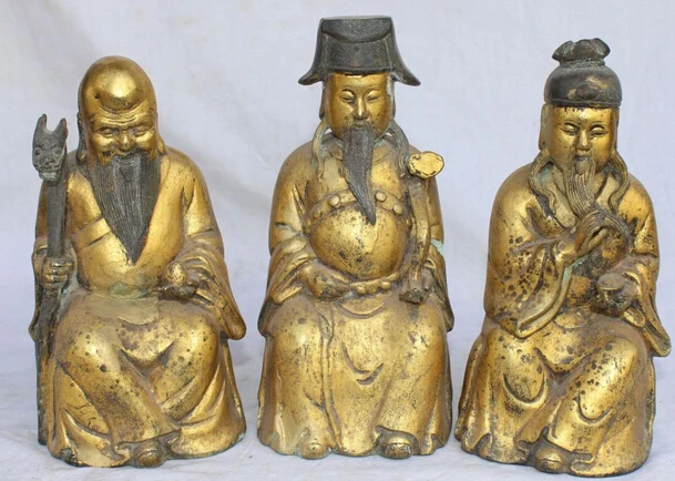 

xd 003427 8" Chinese Bronze Gilt Blessing Fu Lu Shou 3 immortal God Dragon Ruyi Set Statue