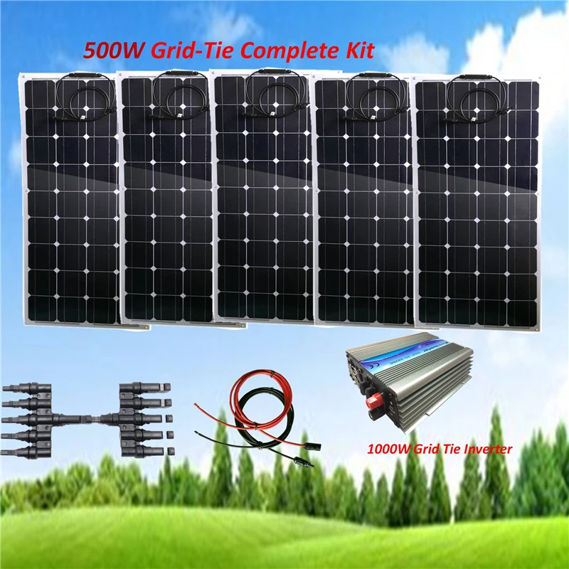 

500W Solar Panel Kit : 5 x 100W Flexible Solar Panel Grid-Tie Solar System with 1000W Inverter+ 5M Cable+MC4 Connector Home