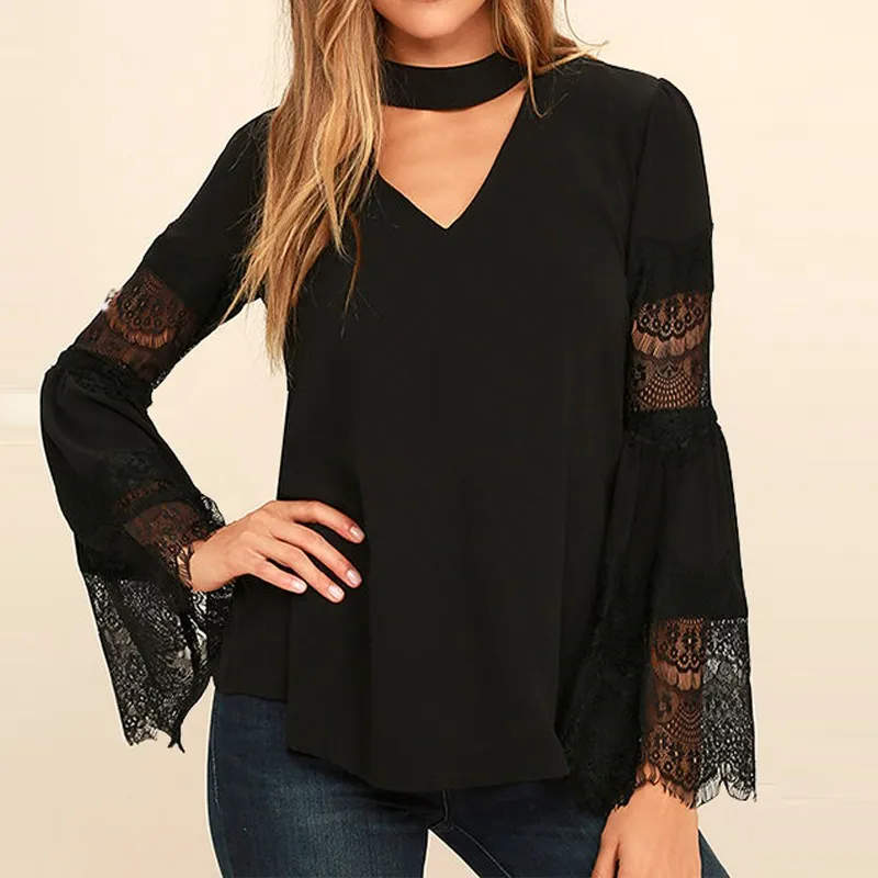 ZANZEA Plus Size Women Blouse Autumn Ladies Long Flare Sleeve Hollow Out V Neck Choker Keyhole Pullover Blouse Solid Sexy Shirt