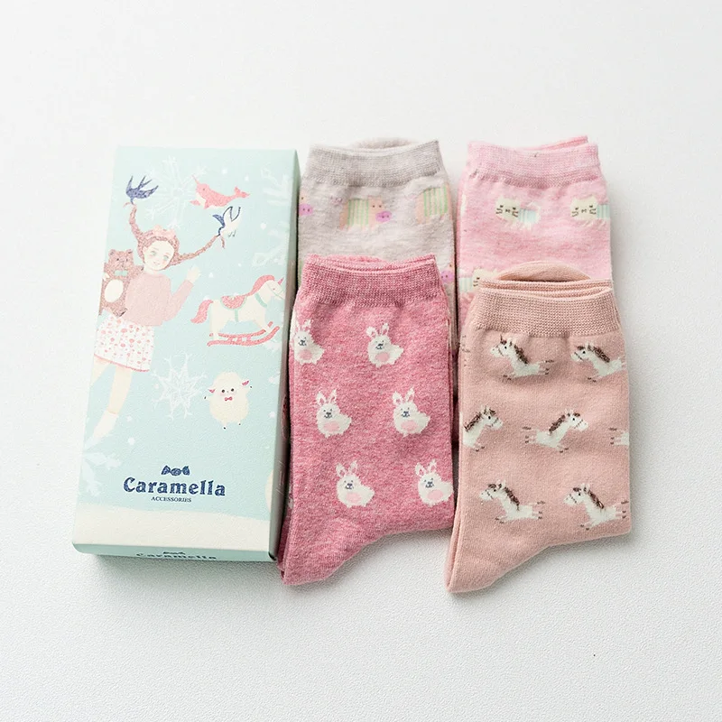Gift Box women cute cartoon animal series cotton socks for ladies autumn winter fashion socks 4pairs/box