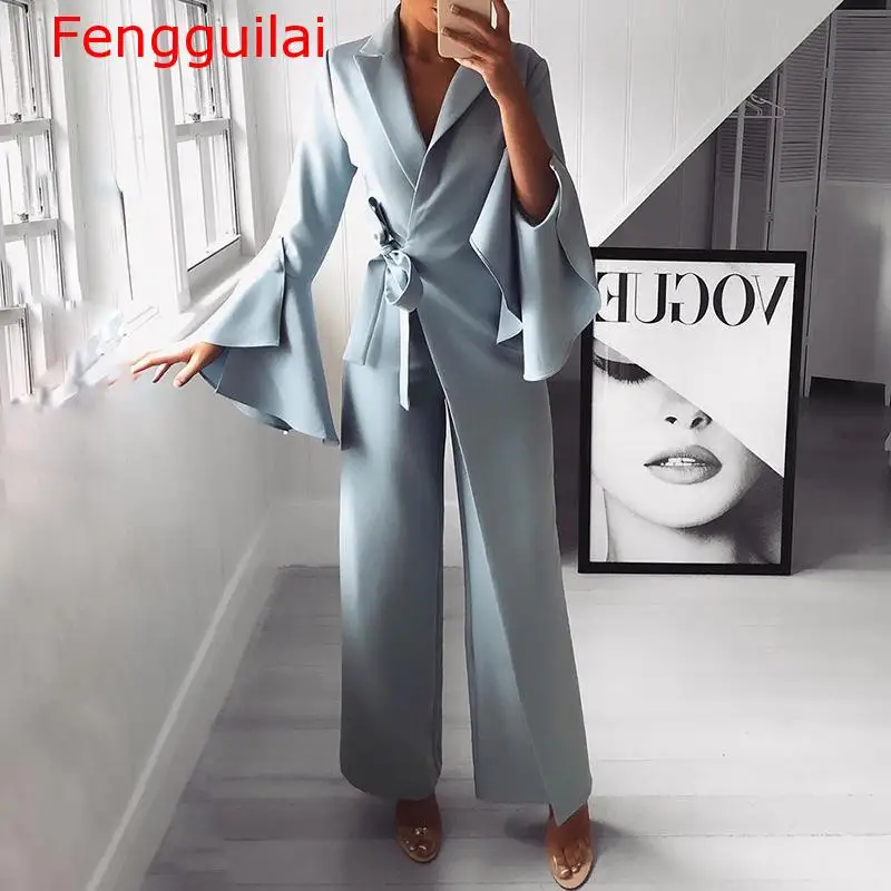 

2019 Autumn Women Fashion Elegant Long Sleeve Workwear Formal Party Romper Irregular Flared Sleeve Knot Side Wide Leg Jumpsuit