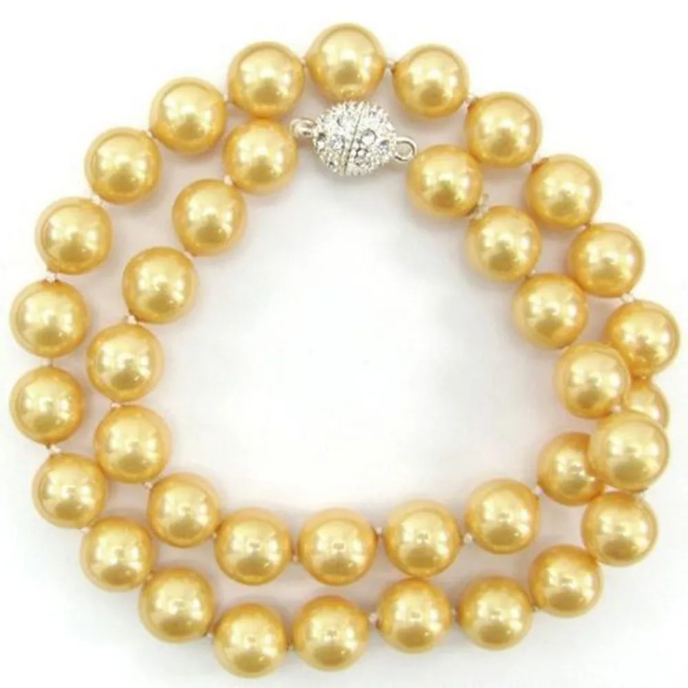 FREE SHIPPING&gt&gt&gt@ 10mm Golden South Sea Shell Pearl Necklace 18&quot AAA Rhinestone Magnet Clasp ^^^@^Noble style Natural Fine jewe |