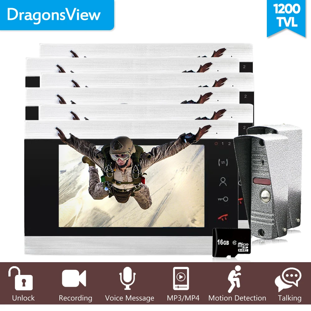 Dragonsview мульти Квартира видео домофон система 1200TVL SD карта фото/видео запись