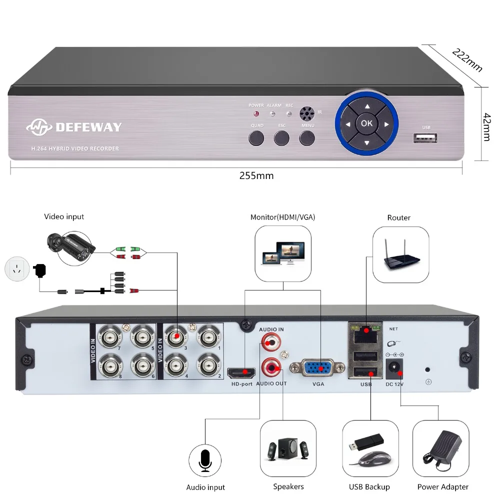 Камера Наружного видеонаблюдения DEFEWAY 8 каналов 1080N DVR 1200TVL 720P HD жесткий диск ТБ HDMI
