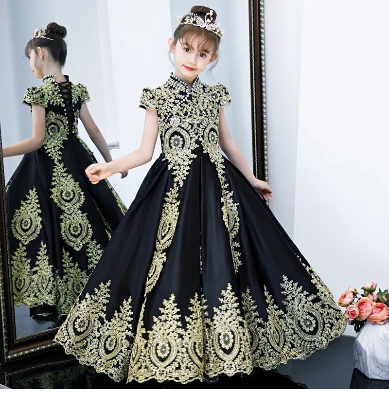 Vestido daminha/роскошное черное фатиновое Золотое кружевное платье с цветочным узором для девочек на свадьбу; коллекция года; Бальные платья с короткими рукавами для девочек; платье для выпускного вечера