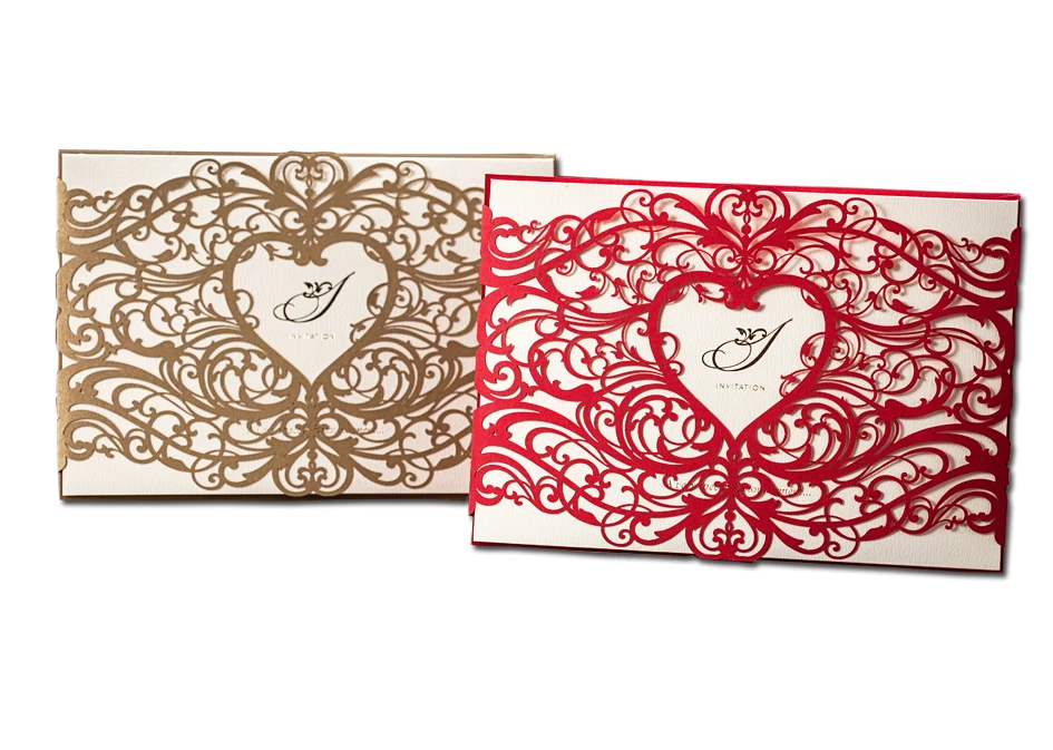 

[Sweet Heart] 1Pcs Gold & Red Laser Cut Wedding Invitations Cardstock with Envelope, Blank Birthday Party Greeting Card Paper