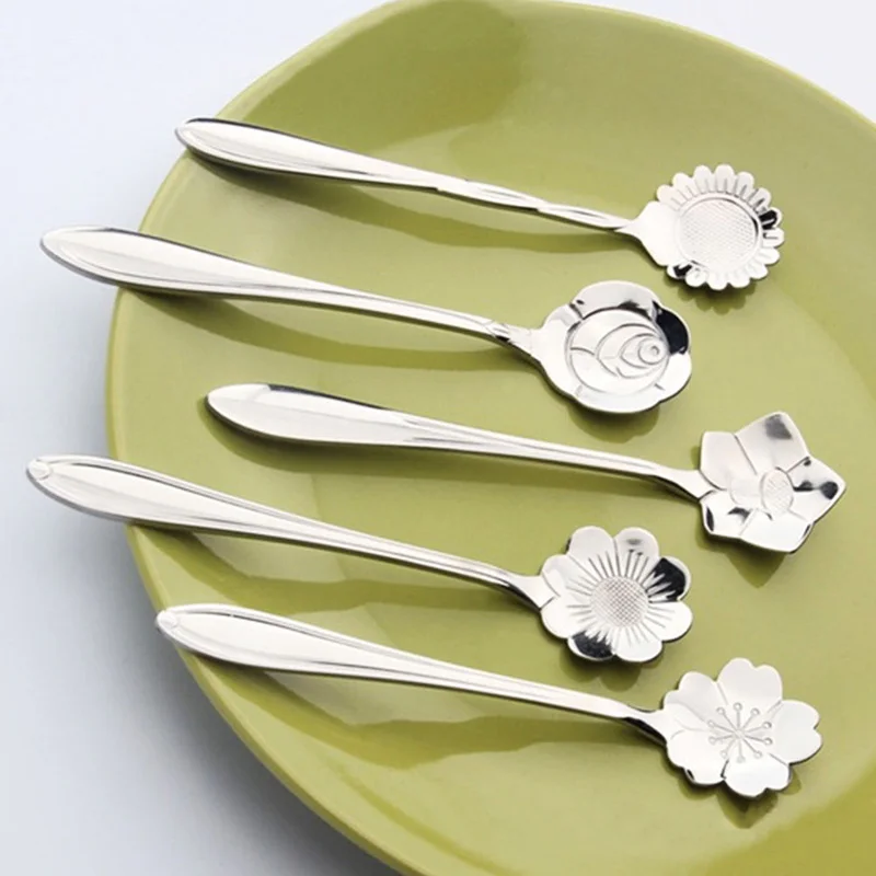5pcs Tea Spoon Ice Cream Coffee Scoop Stainless Steel Flower Shape Soup Spoon Tableware Five Style For Choose