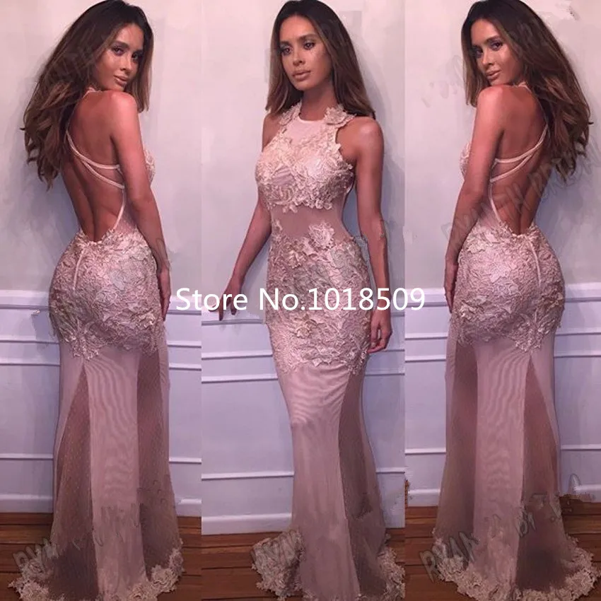 

Sexy Backless Halter Mermaid Prom gown 2018 New Arrival Vestido de festa Long Pink Lace Robe de soiree bridesmaid dresses