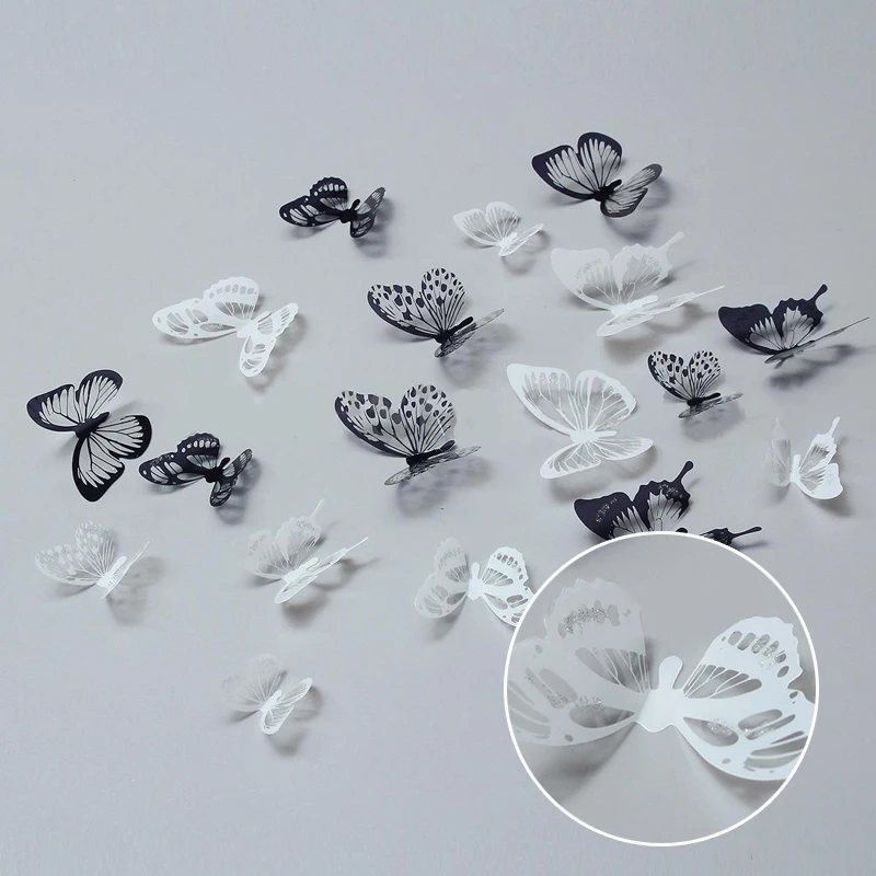 JX LCLYL 18 шт. 3D ПВХ черно белая бабочка Стикеры художественная Наклейка на стену