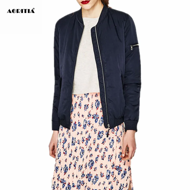 2017 Autumn Winter Navy Blue Cotton padded Bomber Jacket Women Long