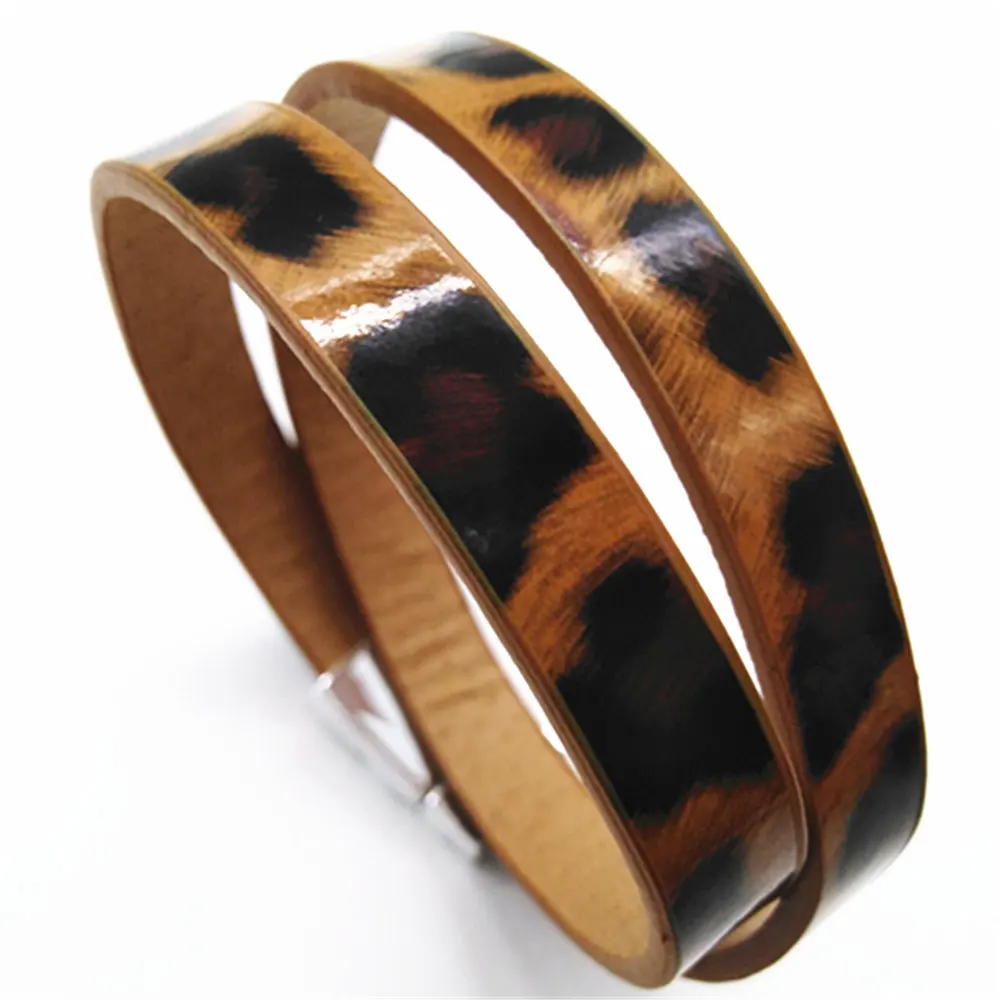 

Brown Fuxia Leopard Print Girl Sexy Black Handmade Fashion Cuff Bangle Leather Bracelets Women Female Jewelry Party Gift