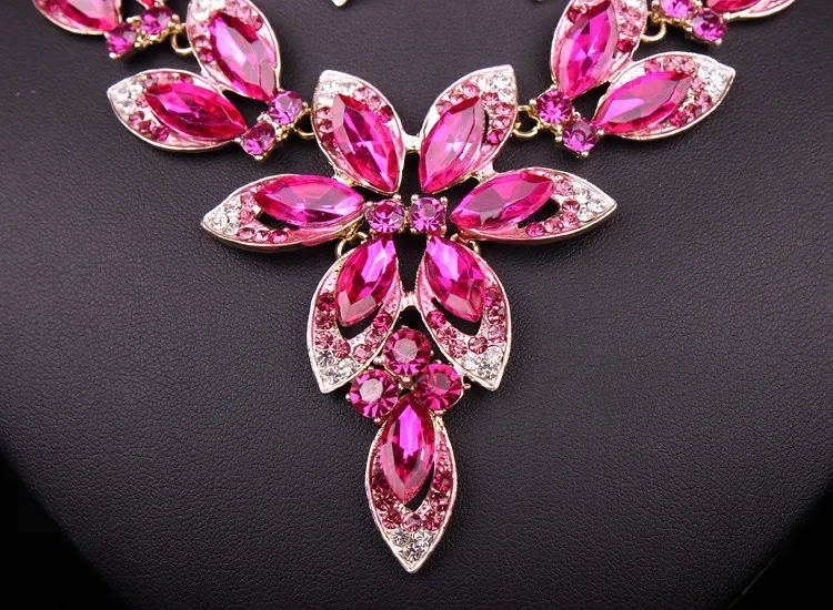 Модные комплекты ювелирных украшений с розовыми кристаллами, свадебное ожерелье, серьги, наборы, ювелирные изделия для свадебной вечеринки, украшения для костюма, ювелирные украшения