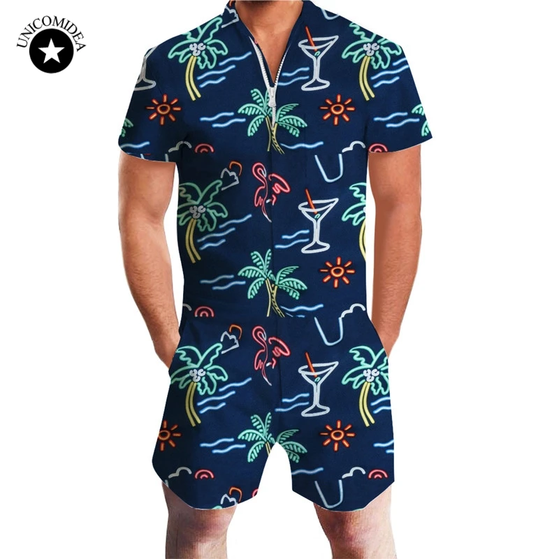 

Men Summer Shorts 3D Printed Bro Romper Short Sleeve Zip Jumpsuit One Piece Romper Outfits Beachwear Fashon Party Slim Overalls