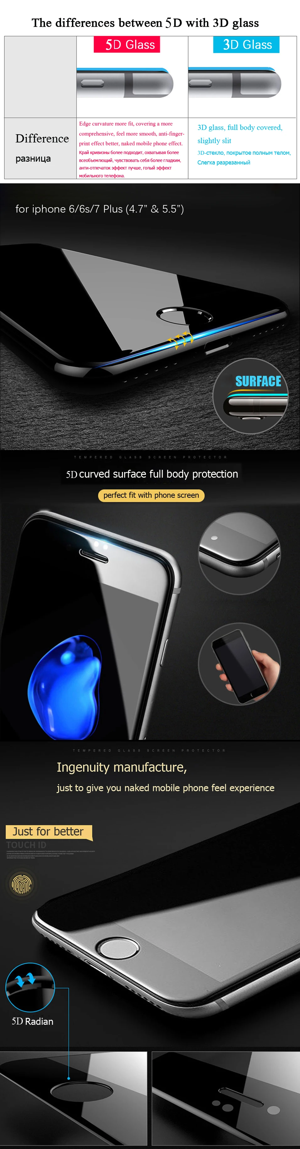 LECAYEE 5D Glass for iPhone 7 8 6s Plus Tempered Glass for iPhone X 8 7 6s Plus 5D Curved Edge Full Cover Screen Protective Film (7)