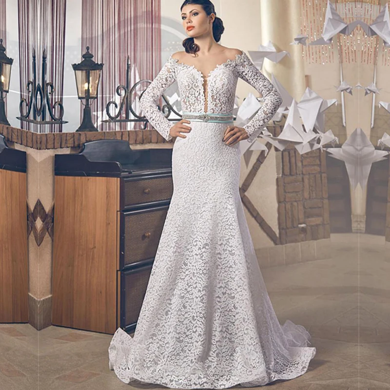 

Cheap Off Shoulder White Long Sleeve Bride Dresses vestido de noiva 2015 Cheap Popular Lace Backless Mermaid Wedding Dresses