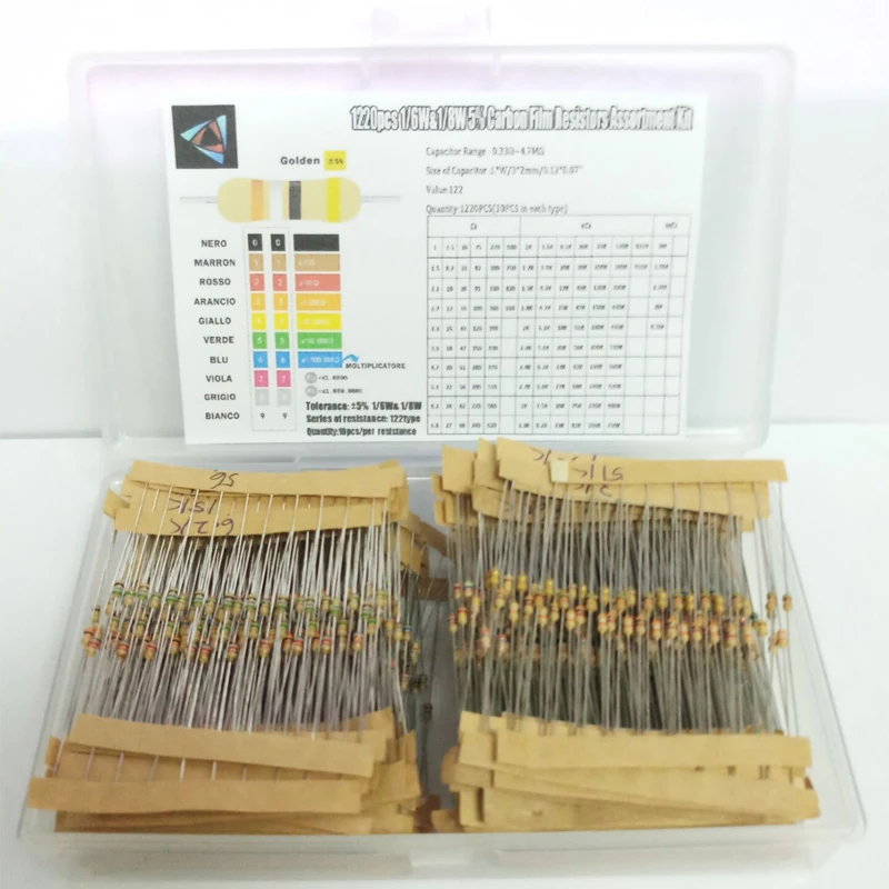 

1/6W&1/8W 122valuesx10pcs=1220pcs 0.33R~4.7M 5% Carbon Film Resistor Assorted Kit BOX