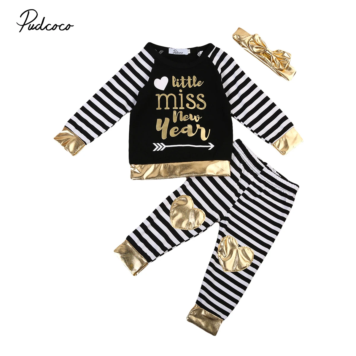 Cute 3pcs Toddler Infant Girl Outfits Headband+Striped Top+Pants Kid Clothes Set
