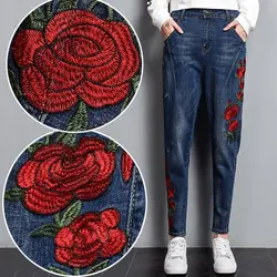 Лидер продаж 2019 Весна Винтаж для женщин Цветочный Вышивка джинсы для Высокая талия Дамы Дамские шаровары синие джинсы брюки д