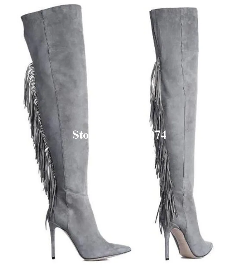 Rodilla Cremallera Delgada Flecos As Altos Sobre Las Tacones Super Invierno La Mujeres Botas Picture Punta De Y Largo Fringe En Sexy vq1caHX